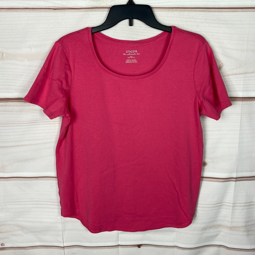 Chicos Top Womens 2 L Pink Ultimate T-Shirt Short Sleeve Round Neck Cotton Solid